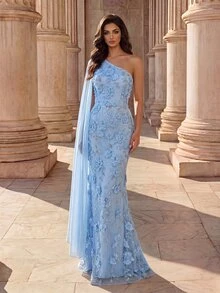 Coutiva Women's Asymmetrical Neckline High Waist Evening Dress - Blue - View 5