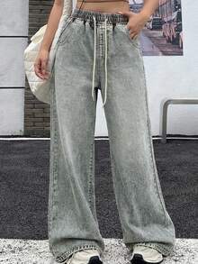 Dazy Plus Celana Jeans Denim Panjang Sepanjang Musim dengan Pinggang Elastis dan Tali Serut, Potongan Lurus Longgar, Model Washed Distressed, Gaya Street Casual, - Light Wash - View 5
