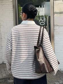 Dazy Plus 拼色拼接 Polo 領寬鬆條紋博主風休閒優雅款春夏新款 T 恤 度假正式灰色 - 酒紅色 - 查看 2
