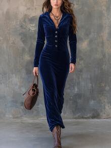 LUMIGAL Women's Elegant Solid Color Velvet Knit Hooded Button Maxi Dress Slim Fit Fall/Winter - Blue - View 2