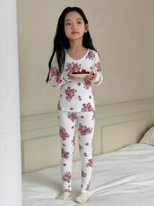DAZY Girls (Large) V-Neck Casual Floral Print Home Daily Fitted Thermal Top & Pants 2 Pieces Set Loungewear - White - View 5