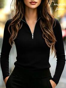Balvessa Women All-Match Commute Casual Slim Fit Ribbed Texture Turtleneck Zipper Long-Sleeved T-Shirt - Black - View 1