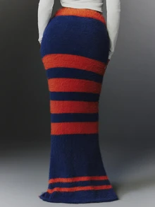 NYA SZN Knit Skirt Maxi Stripe Tie Front Athletic Holiday Festival Special Occasion Everyday Casual Work Concert Going Out Club Cozy Party Blue Fall Winter - Multicolor - View 7