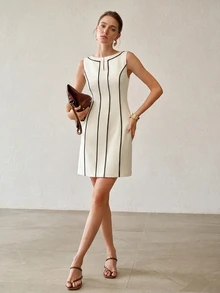 MOTF PREMIUM WOMEN'S FASHION STRIPED COLORBLOCK WAIST-CINCHED DRESS - Black and White - View 4