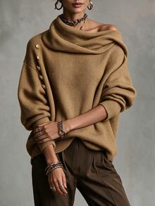Breezaya Women's Button Decor Asymmetrical Shoulder Pullover Sweater, Sexy Style - Bronze - View 3