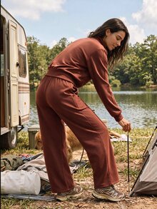 Exploreva Women's Brown Zipper Long Sleeve Sweatshirt And Sweatpants Casual Sports Set - Brown - View 2