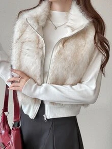 FRIFUL Women's Solid Color Casual French Elegant Versatile Daily Faux Fur Vest Jacket Everyday Date Beige Winter - Beige - View 5