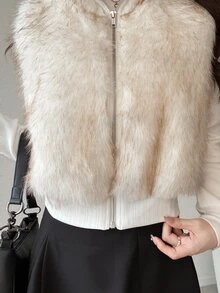 FRIFUL Women's Solid Color Casual French Elegant Versatile Daily Faux Fur Vest Jacket Everyday Date Beige Winter - Beige - View 3