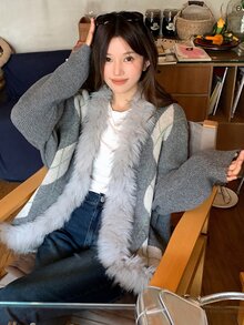 DAZY Women's Diamond Quilted Casual Korean Style Fur Collar Patchwork Long Sleeve Autumn/Winter Comfortable Cardigan - Grey - View 4
