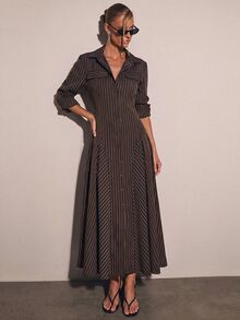 COSMINA 女款優雅鈕扣長袖條紋洋裝，適合辦公室穿著 - 摩卡棕 - 查看 3