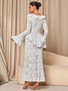 MaterniChic Maternity Lotus Collar Flare Sleeve Split Hem Elegant Dress - White - View 3