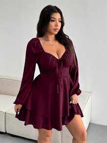 SHEIN Clasi 大尺碼優雅純色綁帶雙層下擺洋裝 - 中紫紅色 - 查看 4