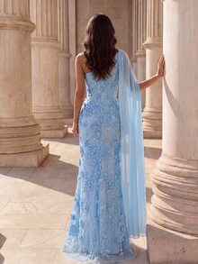 Coutiva Women's Asymmetrical Neckline High Waist Evening Dress - Blue - View 2