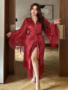 Dazy Plus Autumn New Vacation Charm Jacquard Satin Tassel Decor Robe - Burgundy - View 4