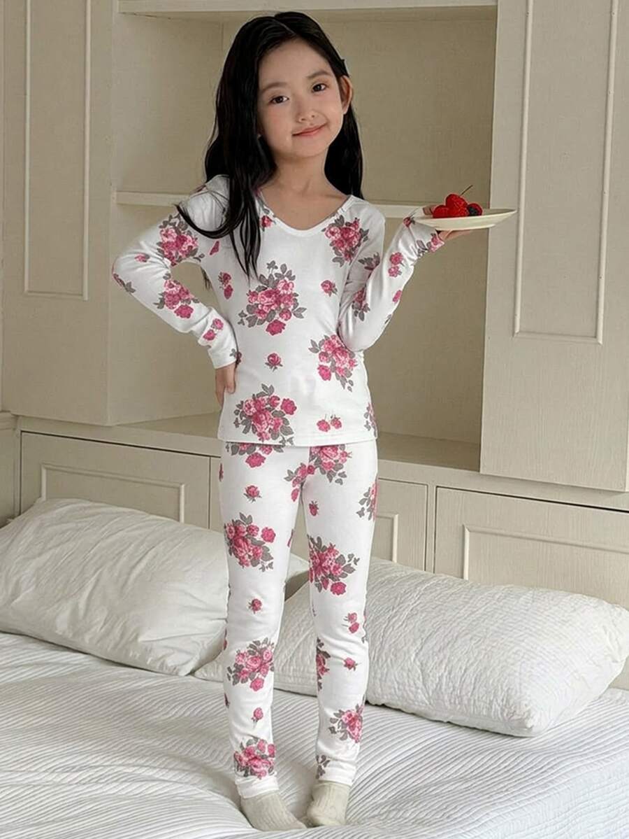 DAZY Girls (Large) V-Neck Casual Floral Print Home Daily Fitted Thermal Top & Pants 2 Pieces Set Loungewear - White - View 1