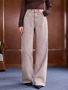 Anewsta Celana Jeans Wanita Model Lurus Berhiaskan Rhinestone Gaya Vintage - Grey - View 5