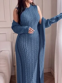 Feyla 女款 2 件組針織毛衣套裝，毛衣洋裝與開襟衫，適合約會、度假、派對、日常外出、聚會、戶外活動 - 藍色 - 查看 2