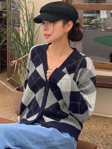 DAZY 女款拼接格紋針織開襟外套休閒優雅學院風復古街頭都市風 - 藏蓝色 - 查看 3