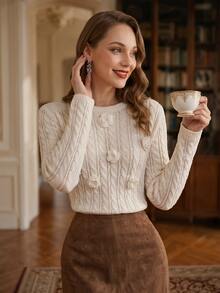 Suri Mira Women's Long Sleeve Hollow Crochet Floral Sweater - Beige - View 6