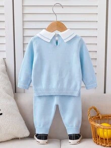 SHEIN Infant (Boy) Sweater Set Fashionable Cute Versatile Pullover POLO Collar Back Button Knit Cartoon Snowman Long Sleeve Single Piece + Knit Long Pants Suitable For Spring And Autumn Seasons Soft And Comfortable Suitable For Daily Scenes Suitable For Outing Scenes Suitable For Travel Scenes Suitable For Vacation Scenes Suitable For Christmas Halloween Suitable For Daycare Scenes Suitable For Children Playing And Wearing - Blue - View 2