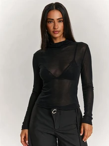 SHEIN BAE تي شيرت نسائي بلون موحد كاجوال يومي بأكمام طويلة - الأسود - مشاهدة 5
