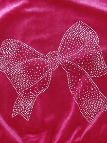 SHEIN 青少年女孩秋冬休閒時尚天鵝絨蝴蝶結水鑽連帽拉鍊運動衫與修身喇叭褲兩件套 - 玫紅色 - 查看 3