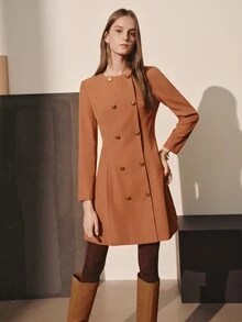 MOTF PREMIUM WOMEN'S SOLID COLOR LONG SLEEVE DOUBLE-BREASTED ROUND NECK FASHION BUSINESS DRESS - Coffee - View 5