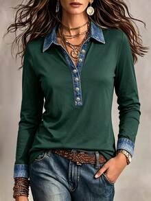 EMERY ROSE 熱銷推薦休閒設計仿丹寧拼接配色 Polo 領女款長袖上衣，適合日常購物、約會與通勤，開學季穿搭，寬鬆顯瘦，四季百搭 - 綠色 - 查看 5