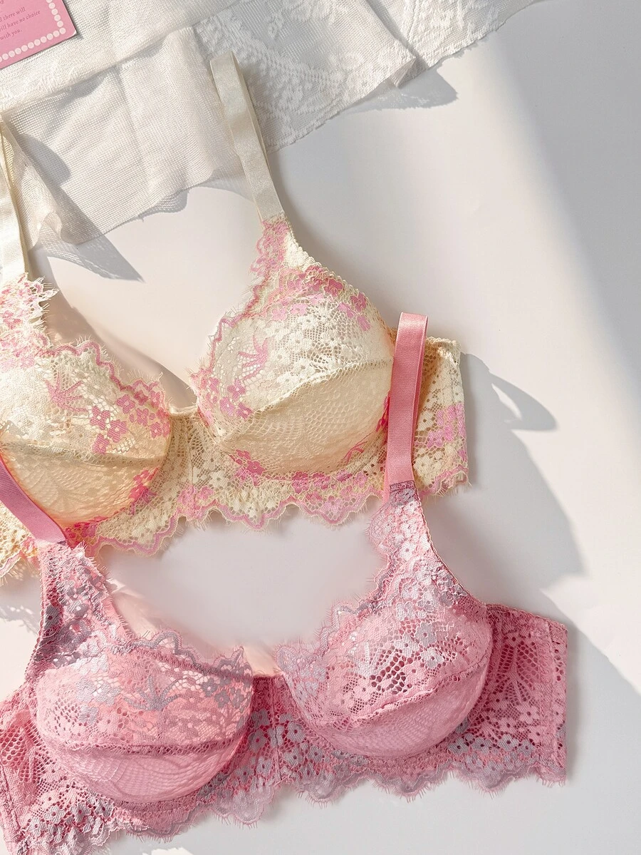 PetitDoll 2 st färgglada söta blommiga spetsbygel-bh för kvinnor, moderiktig och bekväm - Multifärgad - Visa 1