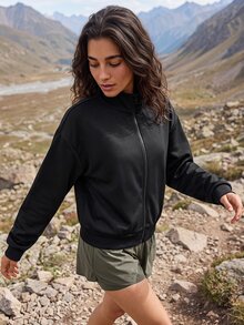 Exploreva Women's Solid Color Zip-Up Casual Daily Travel Sports Sweatshirt - Black - View 6