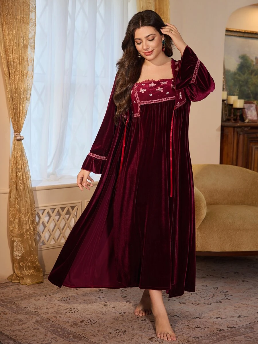 PalaceNights Heavy Embroidery Vintage Palace Style Velvet Plus Size Robe + Camisole Nightgown 2pcs Set - Burgundy - View 1