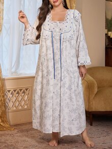 PalaceNights Vintage Floral Print Embroidered Patchwork Plus Size Robe + Camisole Nightgown 2 Pieces Set, Comfortable Loungewear - Multicolor - View 8