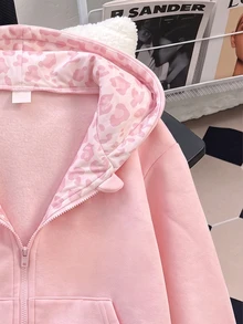 SHEIN Sparklyn Tween女孩 8-13歲 粉色豹紋內裡抓絨拉鍊連帽外套，加厚保暖口袋運動外套 - 粉色 - 查看 5