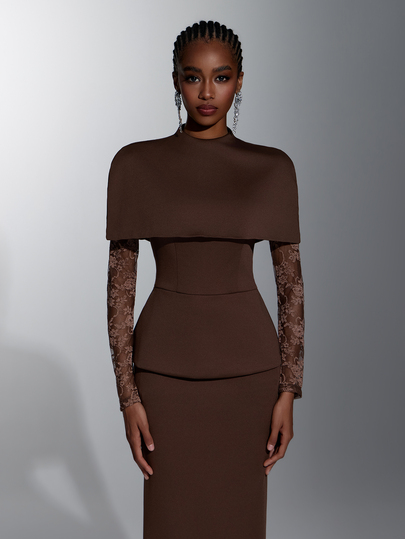 Elitara Elegant Luxurious Fashion Coffee Brown Slim Fit 2-In-1 Detachable Shawl French Lace Sleeves Bodycon Mermaid Long Dress Suitable For Party Wedding Guest Vacation Evening Gala Birthday Party Women's Formal Evening Gown (Heavy Workmanship)