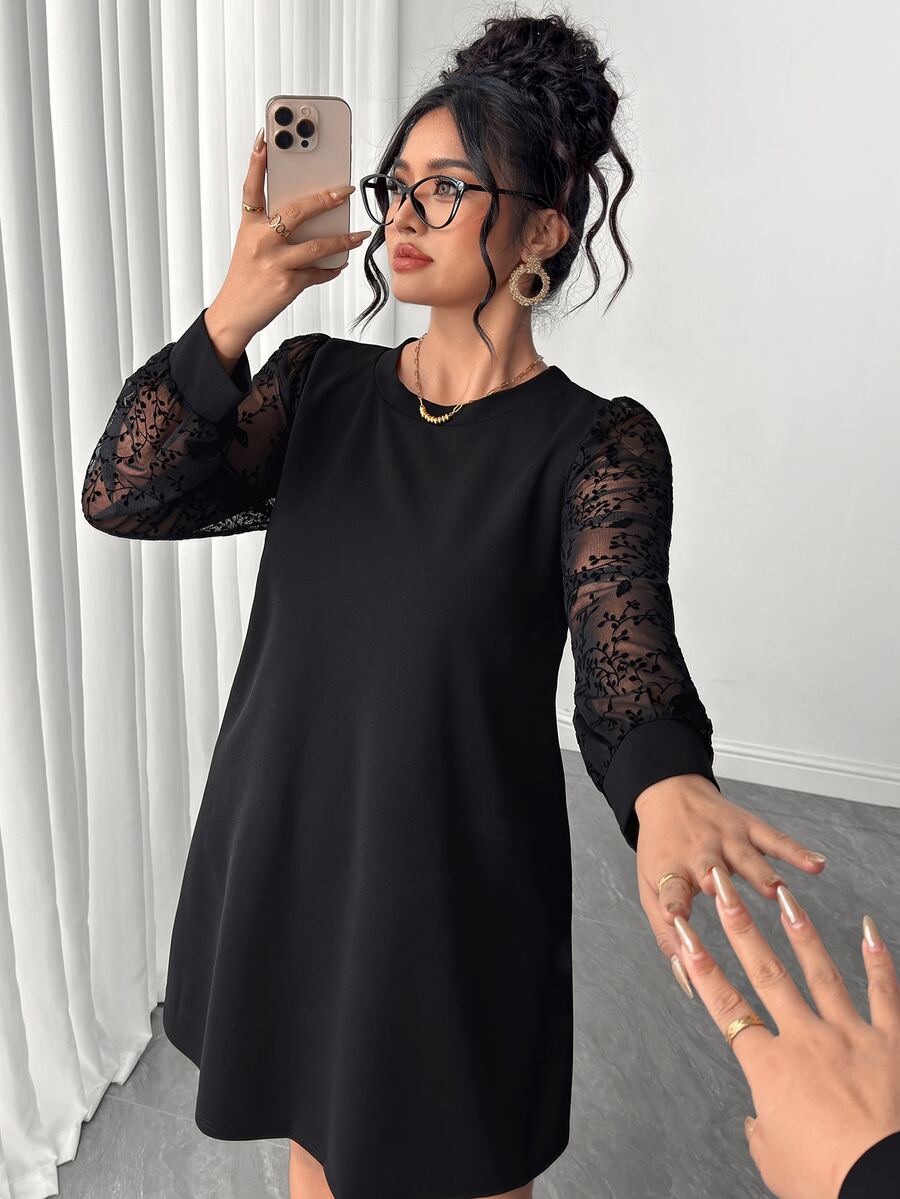 SHEIN Elenzya Black Wide Sleeve Embroidered Design Plus Size Dress - Black - View 1