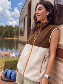 Exploreva Exploreva Women's Fashion Colorblock Outdoor Fleece Vest - Brown - View 5