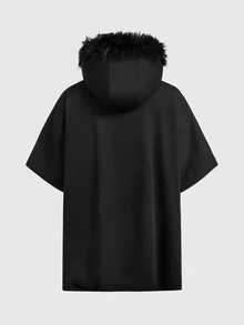 ROMWE MEN Men's Solid Color Zipper Front Pocket Patchwork Fur Hooded Cape Jacket - Black - View 10