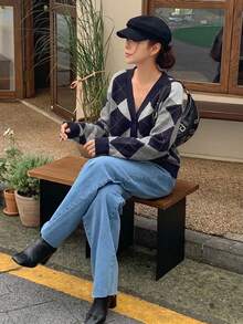 DAZY 女款拼接格紋針織開襟外套休閒優雅學院風復古街頭都市風 - 藏蓝色 - 查看 4