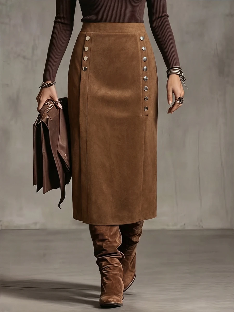 Linhara CURVE Plus Size Lady's Woven Skirt With Slit, Elegant For Autumn, Mid-Length Skirt - Coffee Brown - View 1