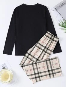 SHEIN 2件組青少年男孩休閒熊圖案黑色長袖T恤與經典格紋長褲睡衣套裝，舒適面料，適合秋冬、學校、家庭聚會、返校、生日派對、拍照、度假、假期，運動風，舒適可外穿 - 彩色 - 查看 3