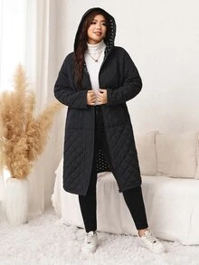 Easowa Curve Plus Size Women's Long Sleeve Zipper Front Pocket Hooded Winter Jacket - Black - View 6