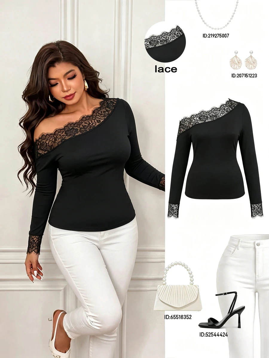 Femmeverse Plus Size Women's T-Shirt, Elegant Sexy Casual Minimalist Commute Versatile Cold Shoulder Lace Patchwork Design Long Sleeve - Black - View 1