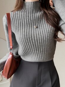 FRIFUL Women's Solid Color Stand Collar Long Sleeve Ribbed Slim Fit Sweater Office Grey Winter Casual - Grey - View 1