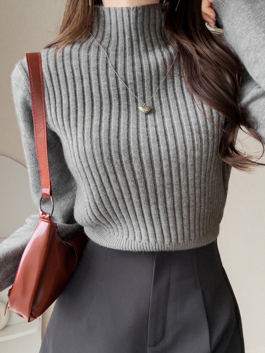 FRIFUL Women's Solid Color Stand Collar Long Sleeve Ribbed Slim Fit Sweater Office Grey Winter Casual - Grey - View 1