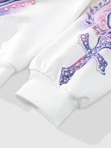 ROMWE MEN 男士印花圖案寬鬆版型連帽衫，街頭風復古 - 白色 - 查看 4