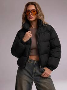 SHEIN Plus Slant Pockets Zip Up Solid Color Casual Padded Coat - Black - View 1