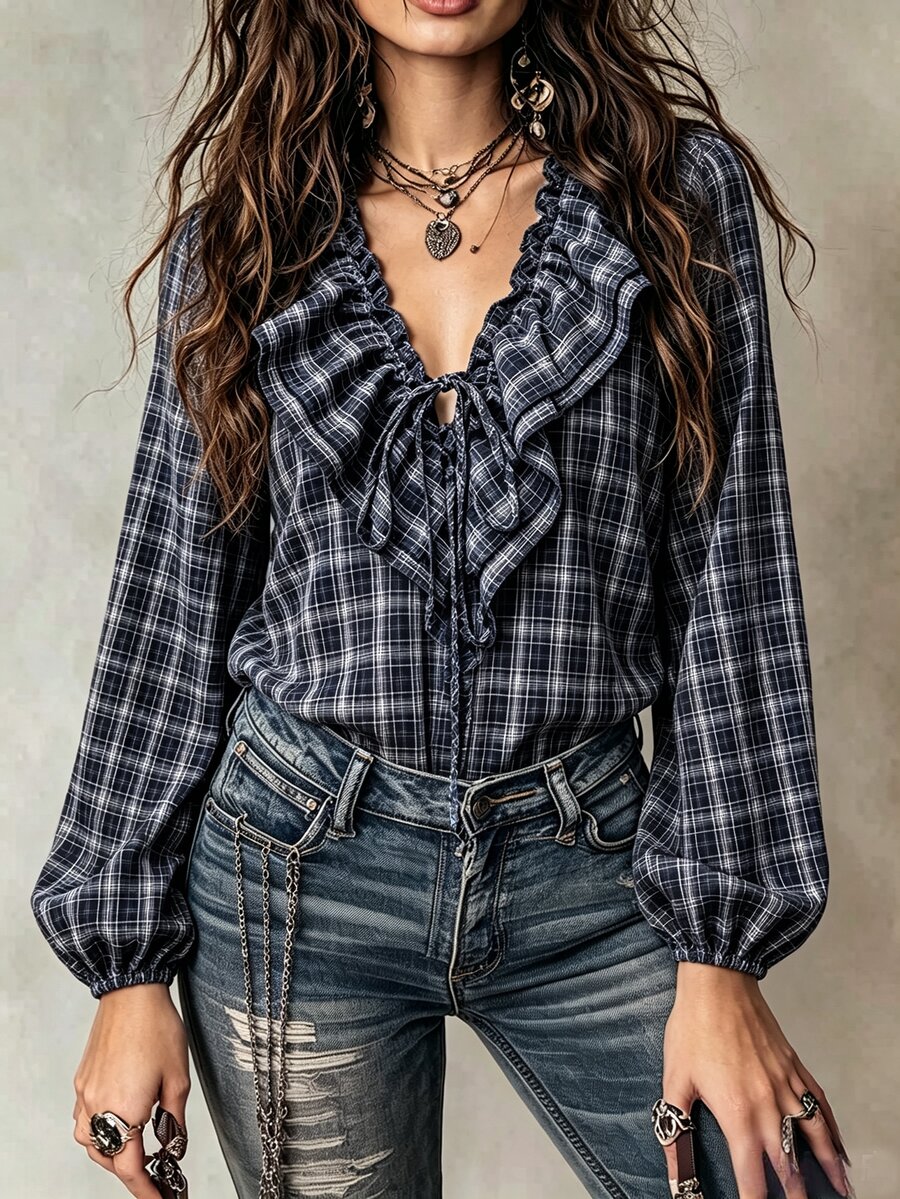 SHEIN PariChic INS French Style Ruffle Trim Plaid Shirt For Women - Royal Blue - View 1