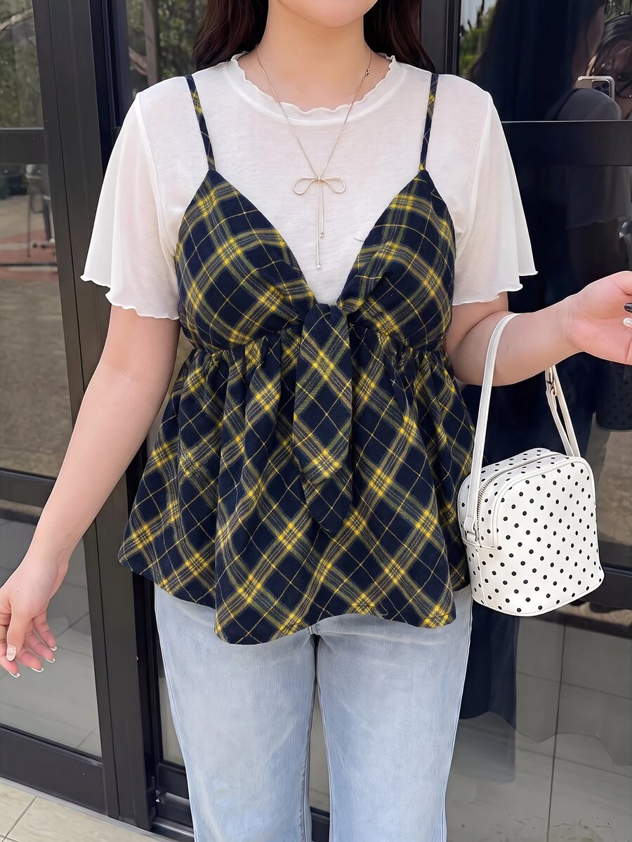 Bijouette 大尺碼女款夏季時尚休閒優雅浪漫極簡度假格紋兩件套,白色針織圓領短袖上衣與格紋V領細肩帶上衣,大尺碼女款兩件套,白色女款兩件套與藍色女款兩件套,限量版櫻花季末班車 - 黃色 - 查看 1