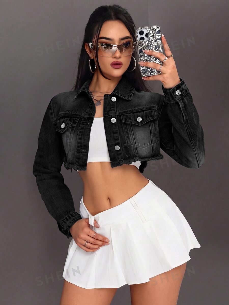 Jeanoix 女款毛邊下擺休閒牛仔短款水洗夾克 - 黑色 - 查看 1
