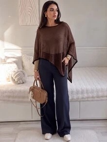 Solavon Women's Solid Color Asymmetric Contrast Trim Fashion Cover Up - Coffee Brown - View 5